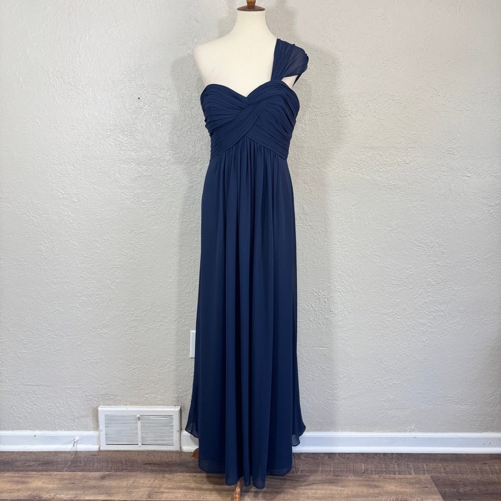 Bill Levkoff Bridesmaid Dress 12 One Shoulder Navy Chiffon Gown Formal Prom Gala